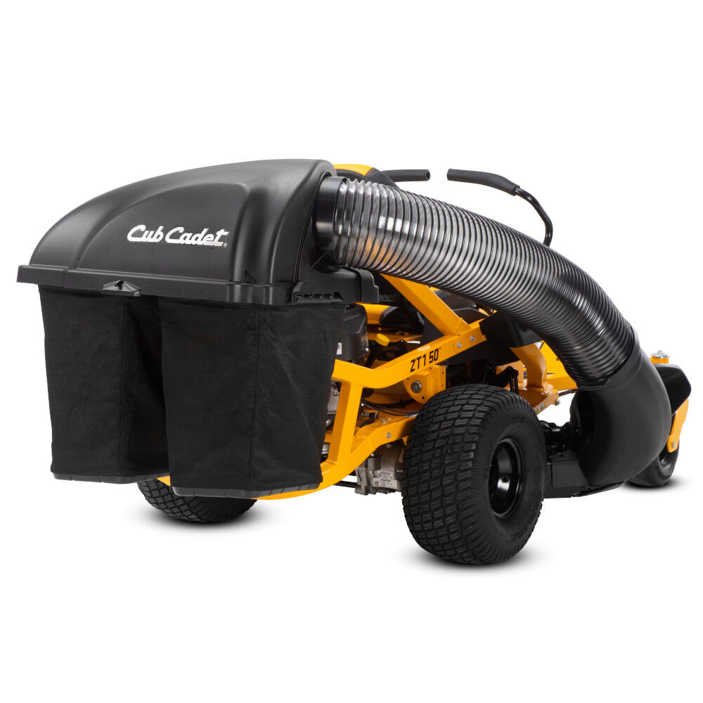 Black Cub Cadet double bagger attached to a Cub Cadet zero-turn mower