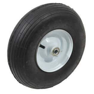 Pneumatic Wheel. 350 lbs. Load Rating. 3" Hub Length. 5/8" Ball Bearing. Ribbed Tread. 2-ply Rating