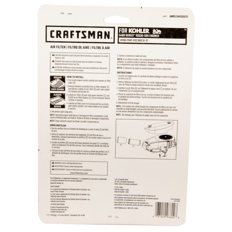 Air Filter for Kohler 5400 Series Engines