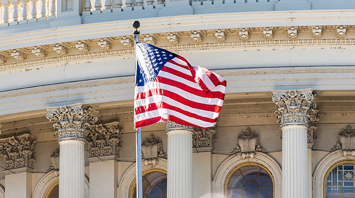 American flag in front of building