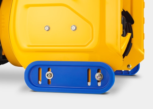 blue skid shoes attached to snow blower